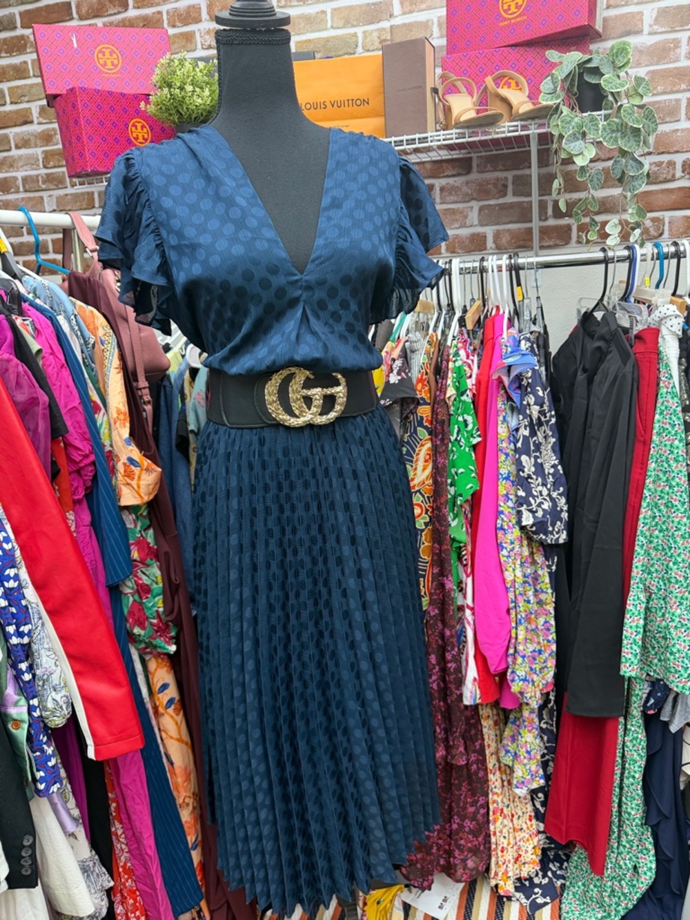 Max studio Navy Polka Dot Pleated Midi Dress with Statement Belt